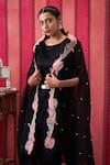 Soup by Sougat Paul_Black Dress Satin Embroidered Sequin Round Qala Draped With Applique Work Cape _at_Aza_Fashions