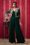 Buy_Soup by Sougat Paul_Green Crepe Embroidered Thread Open Aisha Plain Jumpsuit With Jacket _at_Aza_Fashions