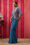 Shop_Soup by Sougat Paul_Blue Crepe Embroidered Sequin Band Collar Jacket And Draped Skirt Set _Online_at_Aza_Fashions