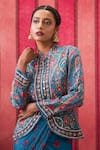 Soup by Sougat Paul_Blue Crepe Embroidered Sequin Band Collar Jacket And Draped Skirt Set _at_Aza_Fashions