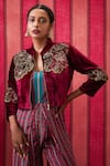 Soup by Sougat Paul_Maroon Jumpsuit Crepe Embroidered Bead Mandarin Collar Qala With Jacket _at_Aza_Fashions