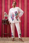 Buy_Soup By Sougat Paul_White Handloom Cotton Embroidery, Blossom Applique Front Open Top Pant Set _Online_at_Aza_Fashions