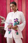 Buy_Soup By Sougat Paul_White Handloom Cotton Embroidery, Blossom Applique Front Open Top Pant Set 