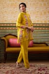 Shop_Soup by Sougat Paul_Yellow Top Chanderi Applique Padma Bloom Embellished Front Open Pant Set _Online_at_Aza_Fashions