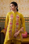 Soup by Sougat Paul_Yellow Top Chanderi Applique Padma Bloom Embellished Front Open Pant Set _at_Aza_Fashions