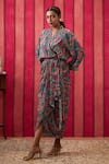Buy_Soup By Sougat Paul_Green Crepe Sequins V-neck Persian Art Print Draped Overlap Dress _Online_at_Aza_Fashions