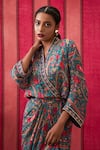 Shop_Soup By Sougat Paul_Green Crepe Sequins V-neck Persian Art Print Draped Overlap Dress _Online_at_Aza_Fashions