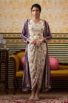 Buy_Soup by Sougat Paul_Beige Draped Dress Malaysian Silk Print Florence V With Floral Striped Jacket _at_Aza_Fashions