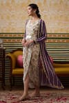 Soup by Sougat Paul_Beige Draped Dress Malaysian Silk Print Florence V With Floral Striped Jacket _Online_at_Aza_Fashions