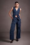 Buy_QALA CLOTHING_Blue Denim Plain V Neck Belle Jacket And Pant Set _at_Aza_Fashions