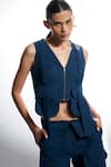 QALA CLOTHING_Blue Denim Plain V Neck Belle Jacket And Pant Set _at_Aza_Fashions