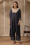 Buy_Rekha Agra_Blue Cotton Slub Print Floral Chalk Art Glass Asymmetric Kurta With Striped Pant _at_Aza_Fashions