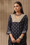 Rekha Agra_Blue Cotton Slub Print Floral Chalk Art Glass Asymmetric Kurta With Striped Pant _Online_at_Aza_Fashions