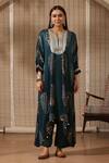 Buy_Rekha Agra_Blue Silk Print Gardenia Notched Embroidered Yoke Asymmetric Kurta With Pant _at_Aza_Fashions