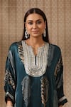 Rekha Agra_Blue Silk Print Gardenia Notched Embroidered Yoke Asymmetric Kurta With Pant _Online_at_Aza_Fashions