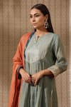 Rekha Agra_Blue Tissue Embroidery Gota Notched Round Striped Yoke Kurta Pant Set _Online_at_Aza_Fashions