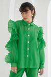 Buy Pleats By Aruni Green Organza Collared Pleated Ruffle Shirt at Aza Fashions Buy_Pleats By Aruni_Green Organza Collared Pleated Ruffle Shirt_at_Aza_Fashions