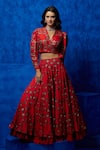 Buy_Nautanky_Orange Soft Silk Printed And Hand Embroidered Geometric Bloom Top & Lehenga Set _at_Aza_Fashions