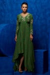 Nautanky_Emerald Green Natural Crepe Printed And Hand Embroidered High-low Dress  _Online_at_Aza_Fashions