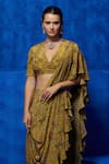 Nautanky_Yellow Natural Crepe Printed And Elegance Pre-draped Saree With Blouse  _Online_at_Aza_Fashions