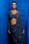 Nautanky_Green Natural Crepe Printed And Hand Pre-draped Saree With Blouse  _at_Aza_Fashions