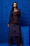 Nautanky_Blue Blazer Soft Silk Printed Tapestry Blazer Lapel Collar Pant Set _Online_at_Aza_Fashions