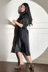 Shop_Style Junkiie_Black Satin Collared V Cinched Midi Dress  _at_Aza_Fashions