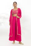 Buy_Samyukta Singhania_Pink Jacket Organza Silk Embroidery Sequin Shrug Open Border Flared Pant Set _at_Aza_Fashions