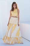 Shruti Sancheti_Yellow Silk Mulmul Printed Floral And Polka Tiered Skirt Set _at_Aza_Fashions