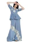 Buy_Shruti Sancheti_Blue Viscose Crepe Embroidered Floral V Neck Peplum Top And Pant Set _at_Aza_Fashions