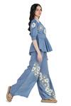 Shop_Shruti Sancheti_Blue Viscose Crepe Embroidered Floral V Neck Peplum Top And Pant Set _Online_at_Aza_Fashions