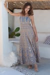 Shruti Sancheti_Blue Handloom Cotton Embroidered Mirror Square Striped Maxi Dress  _at_Aza_Fashions