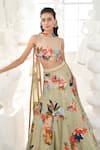 Buy_Sahil Kochhar_Green Raw Silk Embroidery Thread Illusion Sheer Round Neck Geet Lehenga Set _Online_at_Aza_Fashions