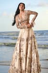 Neha & Tarun_Gold Tulle Embroidery Pearls Deep U Neck Tropical Life Bridal Lehenga Set_Online_at_Aza_Fashions
