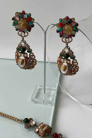 Shop_Studio6 Jewels_Gold Plated Stones Carved Studded Vintage Necklace Set _at_Aza_Fashions