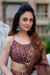Kritika Dawar_Maroon Silk, Tissue Mirrors, Embroidery Scoop Neck Placement Lehenga Set _at_Aza_Fashions