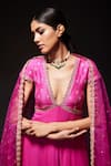 Kavitha Gutta_Pink Pure Raw Silk Embroidered Sequin Deep V-neck Zari Anarkali With Dupatta _Online_at_Aza_Fashions