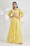 Buy_Samyukta Singhania_Yellow Blouse Organza Embroidered Sequins Blunt V Neck Lehenga Set _at_Aza_Fashions