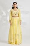 Samyukta Singhania_Yellow Blouse Organza Embroidered Sequins Blunt V Neck Lehenga Set _Online_at_Aza_Fashions