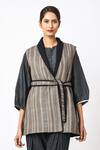 Shop_Jayati Goenka_Grey Cotton Embroidery Shawl Neck Chairo Jacket With Belt _Online_at_Aza_Fashions