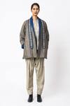 Jayati Goenka_Grey Cotton Shawl Neck Espresso Hand Block Print Jacket With Belt _Online_at_Aza_Fashions