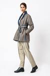 Buy_Jayati Goenka_Grey Cotton Shawl Neck Espresso Hand Block Print Jacket With Belt _Online_at_Aza_Fashions