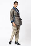 Shop_Jayati Goenka_Grey Cotton Shawl Neck Espresso Hand Block Print Jacket With Belt _Online_at_Aza_Fashions