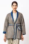Buy_Jayati Goenka_Grey Cotton Shawl Neck Espresso Hand Block Print Jacket With Belt _at_Aza_Fashions