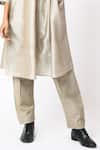 JAYATI GOENKA_Beige Linen, Chanderi Silk Embroidery Round Neck Latte Tunic With Trouser _Online_at_Aza_Fashions