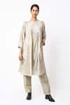 Buy_JAYATI GOENKA_Beige Linen, Chanderi Silk Embroidery Round Neck Latte Tunic With Trouser _Online_at_Aza_Fashions