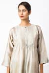 JAYATI GOENKA_Beige Linen, Chanderi Silk Embroidery Round Neck Latte Tunic With Trouser _at_Aza_Fashions