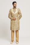 Aryavir Malhotra_Gold Sherwani Silk Hand Embroidered Zardozi Set _Online_at_Aza_Fashions