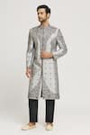 Buy_Aryavir Malhotra_Grey Sherwani Silk Embroidered Zardozi Set _at_Aza_Fashions