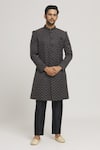 Buy_Aryavir Malhotra_Grey Sherwani Brocade Woven Geometric Chevron Pattern Set _at_Aza_Fashions